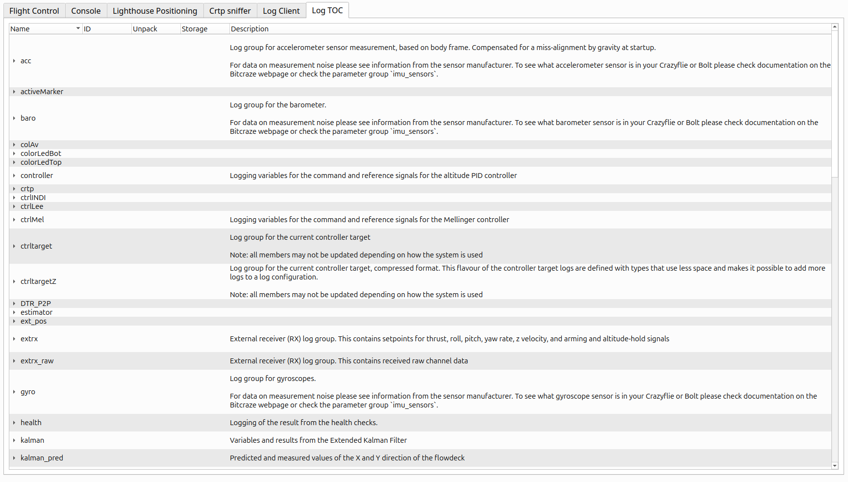 cfclient log TOC tab