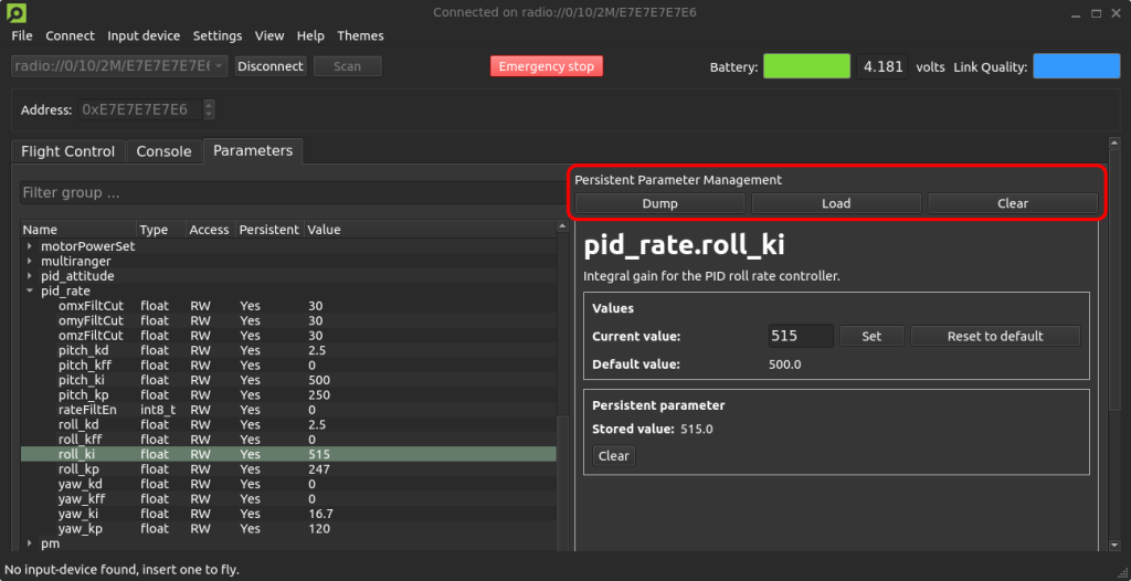 Crazyflie client screenshot highlighting new persistent parameter management area