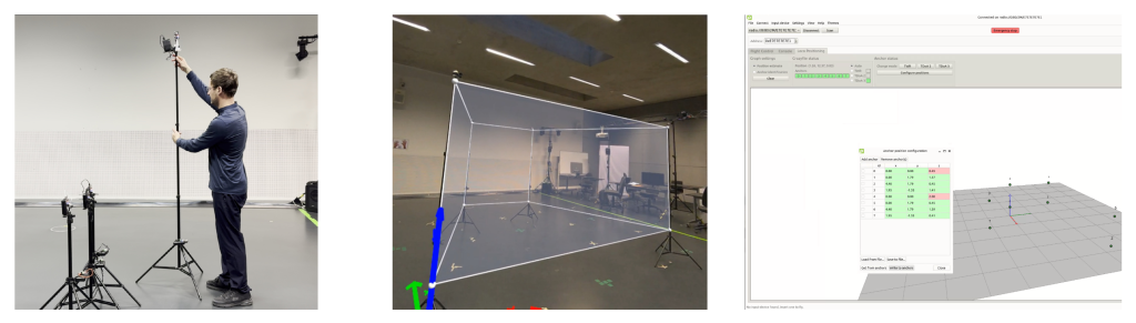 Diagram showing the three-step setup for the Bitcraze Loco Positioning System: 1) Connect anchors, 2) Configure the system, 3) Track the Crazyflie drone in 3D space.