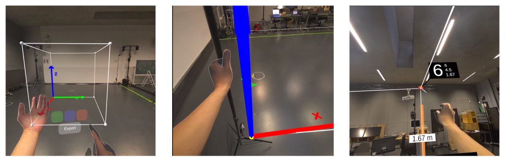 Images of XR PALS user interactions, showing a person wearing an XR headset controlling a Crazyflie drone in a physical space with visual overlays and positional feedback.